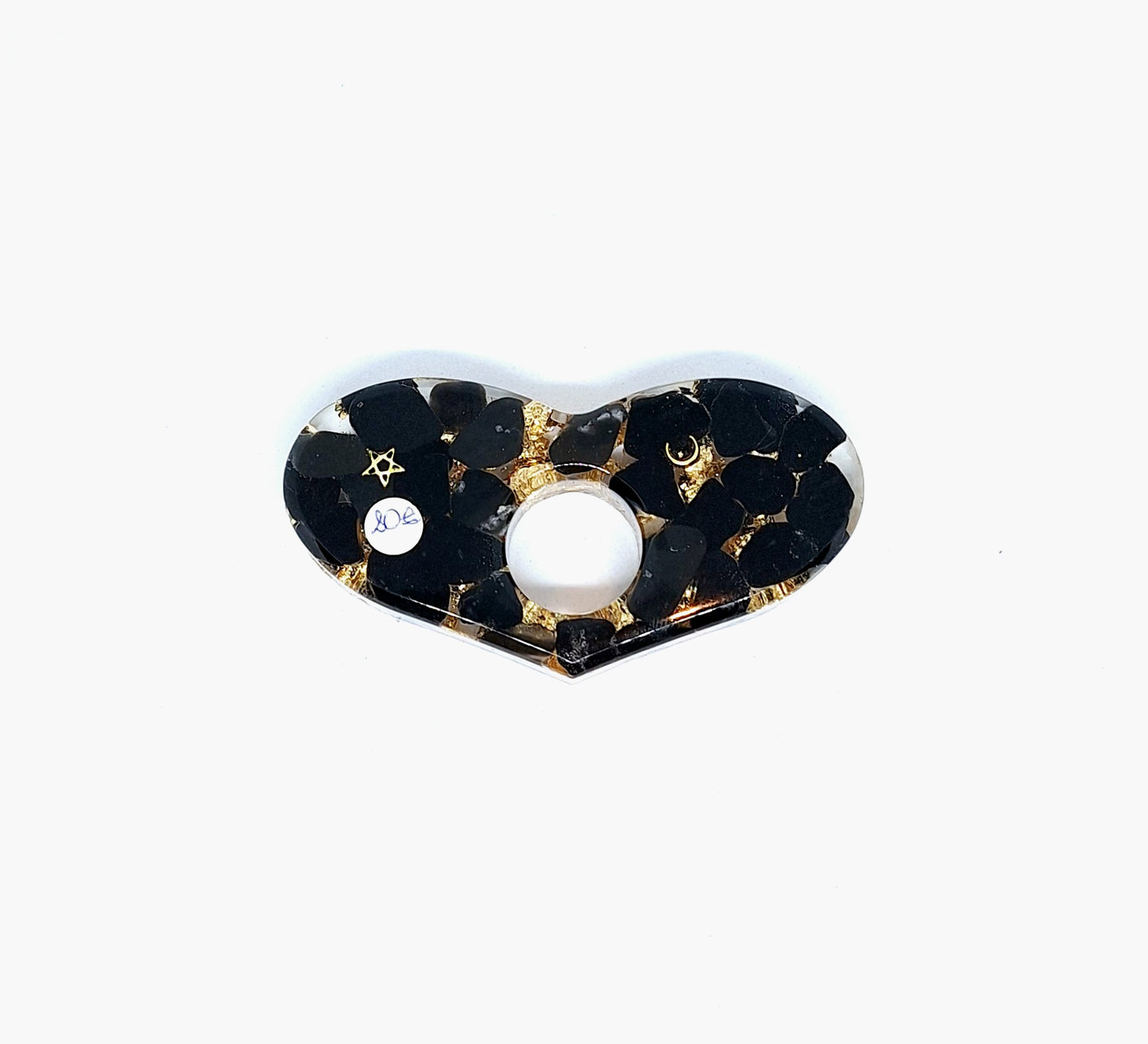 Bague de lecture orgonite Cœur - Obsidienne, lune et étoile, or