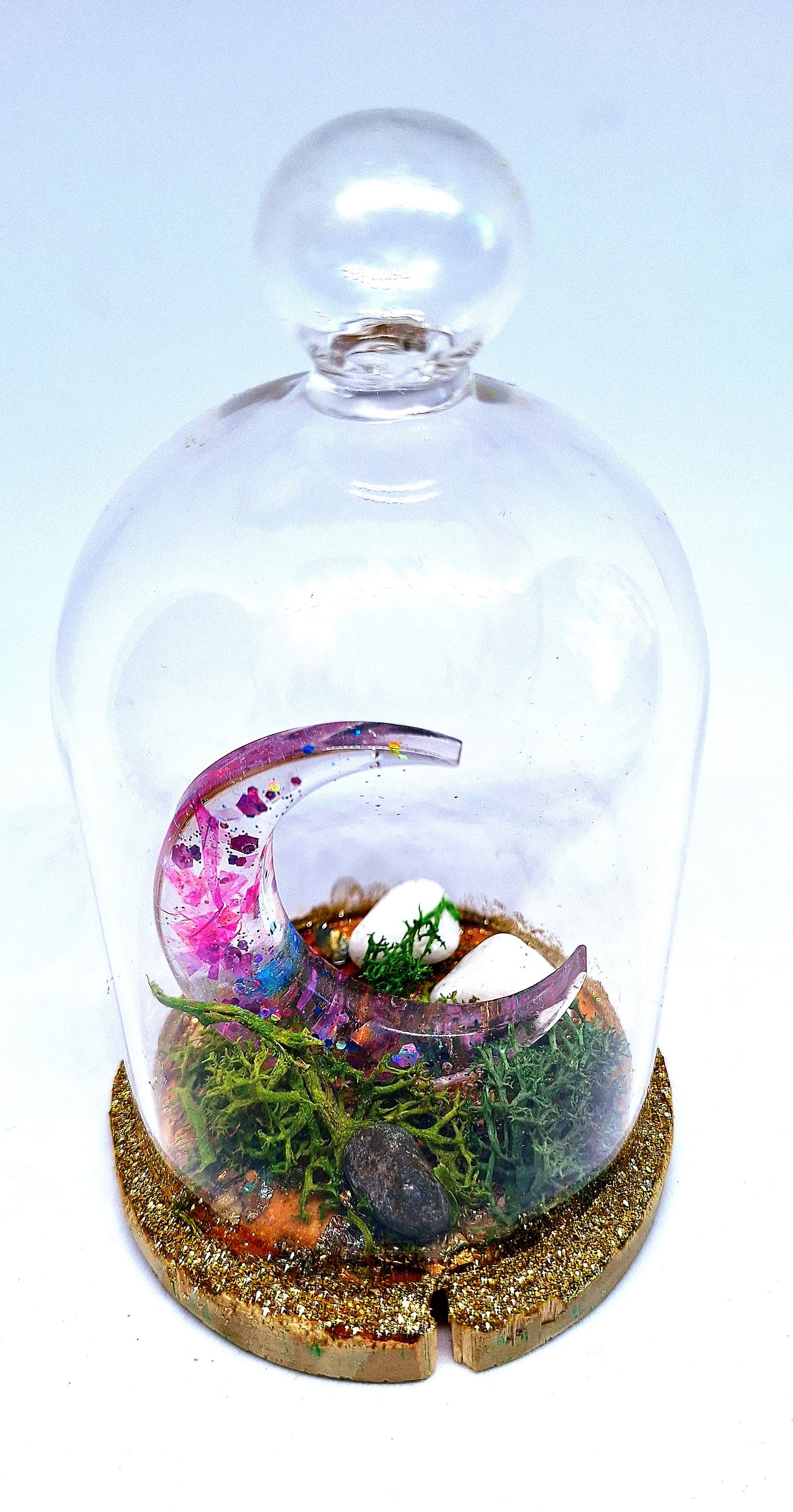Lune rose sous cloche en verre