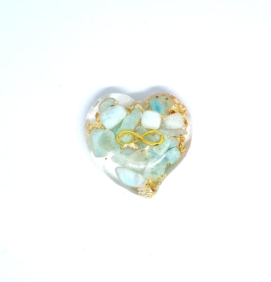 Orgonite Cœur M - Amazonite, or, infini 🩵