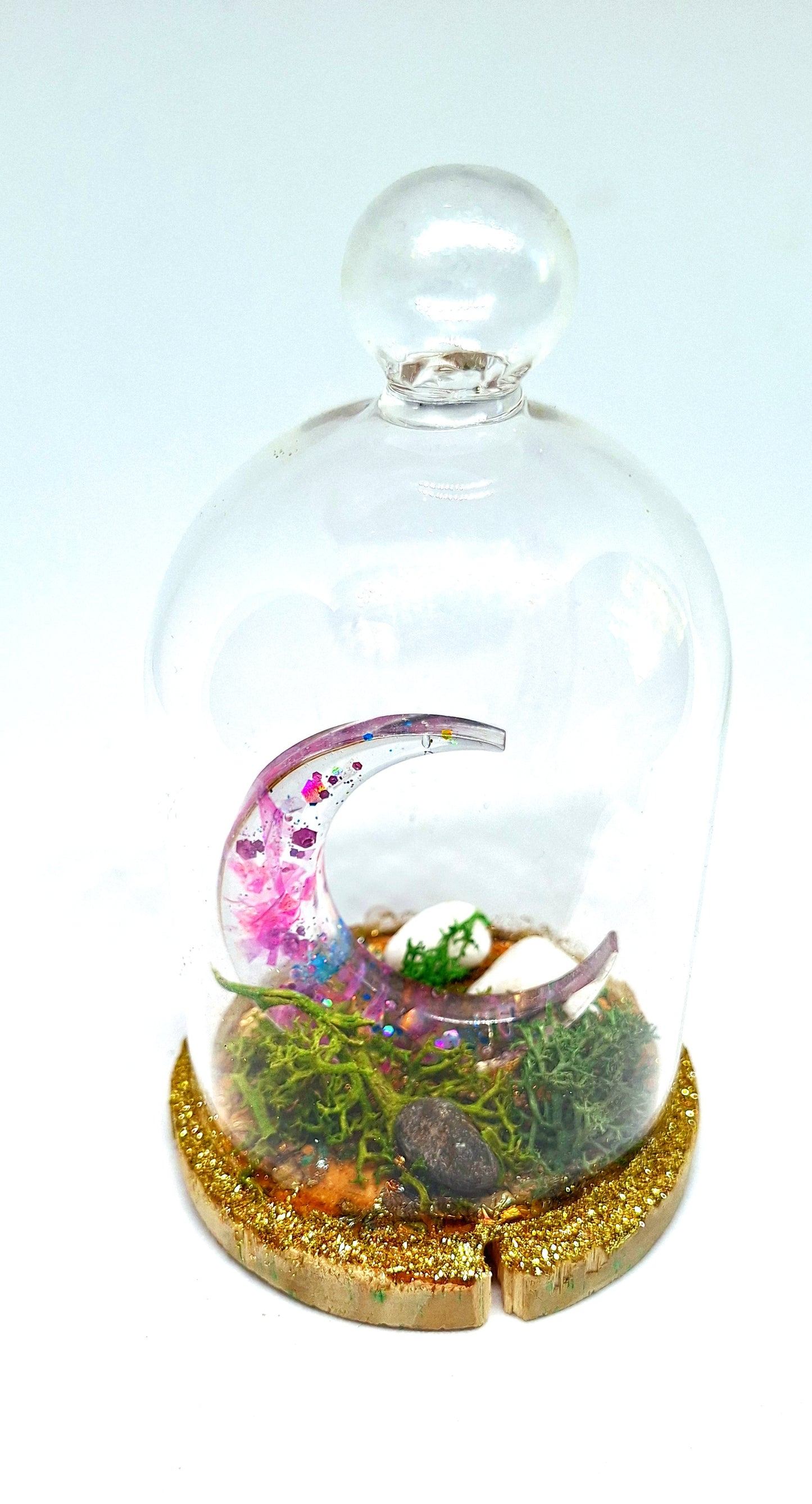 Lune rose sous cloche en verre
